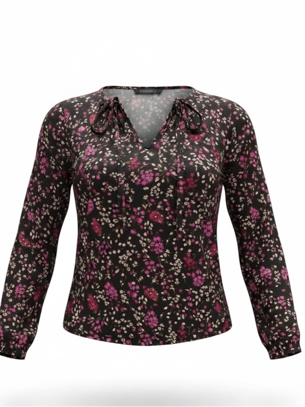 Ann Taylor Woman’s Black Floral Metallic Detail V Neck Tie Front Blouse SZ M EUC
